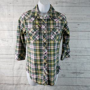 Southern Thread Womens Pearl Snap Shirt Sz Small Purple Green Plaid Embroidered